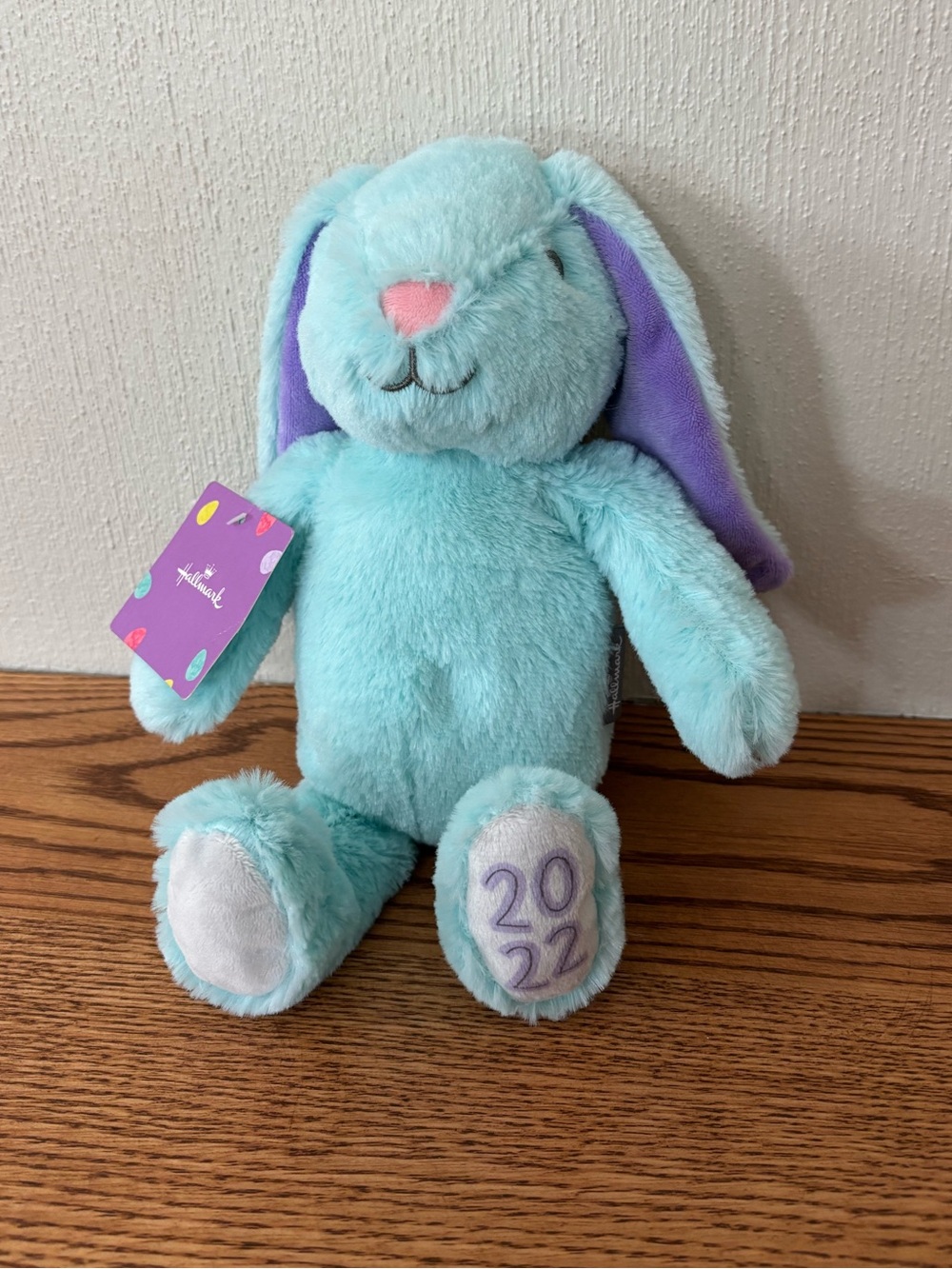 Hallmark Teal Blue Plush Bunny with Purple Ears and Pink Nose 2022 NWT